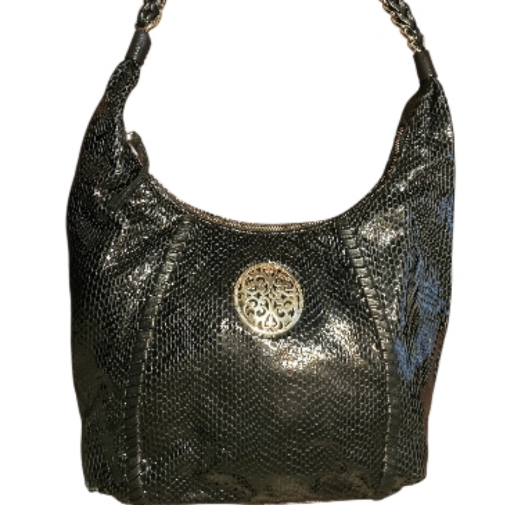 BRIGHTON RETIRED Elegant Medallion Black  Snake Skin Hobo Bag